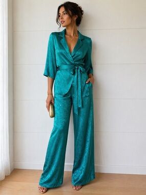 100% Silk Teal Jacquard Set • Wrap Top & Wide Leg Pants • Belted Lounge,Resort
